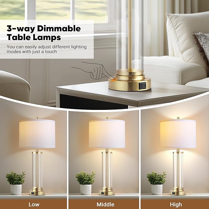 QiMH Lamps for Bedrooms Set of 2, Touch Control Table Lamps with USB A+C Ports, 3-Way Dimmable Bedside Lamp with Fabric Lampshade, Modern Nightstand Lamp for Living Room Bedroom (LED Bulbs Included)