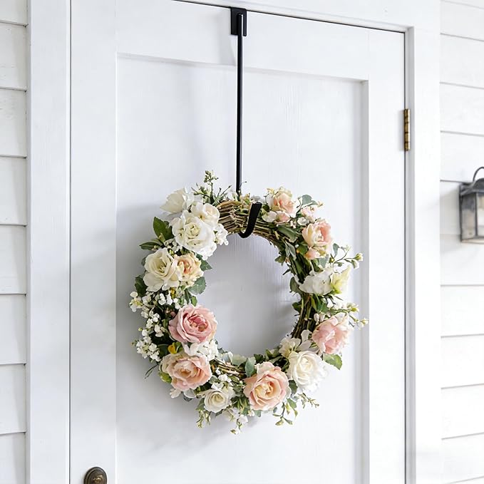 Jemeni 16" Heavy Duty Wreath Hangers for Front Door (2 Pack), 35LBS Matte Iron Over The Door Hook, No Tools Needed Black Wreath Holder