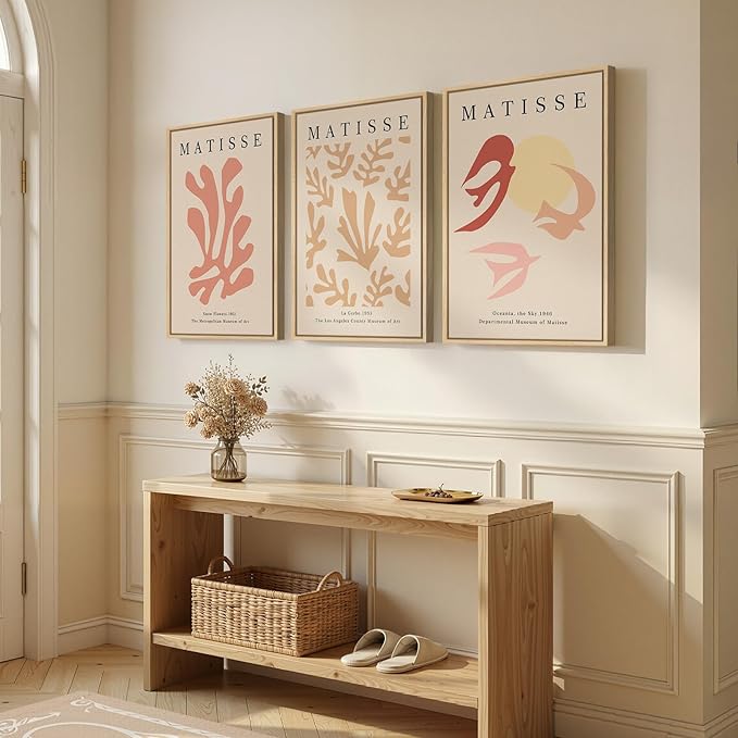 Framed Large Matisse Abstract Wall Art Set of 3, Vintage Neutral Pink Floral Botanical Canvas Prints, Classical Matisse Paintings Pictures for Living Room, Bedroom, Hallway, Office Decor, Total Size 30x60 In