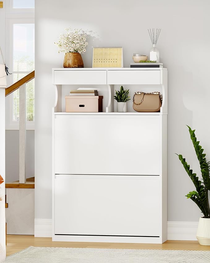 Shoe Cabinet with 2 Flip Drawers & 2 Top Drawers, Narrow Hidden Shoe Storage Cabinet for Entryway, Freestanding Shoes Organizer with Storage Space, 12-16 Pairs, for Hallway, White SR45303X