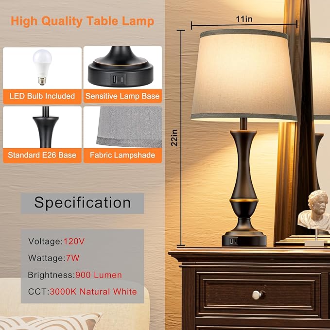Seealle Upgraded Touch Lamps for Bedrooms Set of 2 - Nightstand Table Lamp with USB C+A, 3 Way Dimmable Lamps for Living Room(Grey)