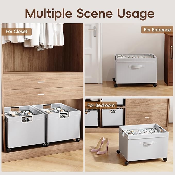 HOUSE AGAIN Shoe Organizer for Closet, Foldable Shoe Storage Organizer Box with Wheels and Adjustable Dividers, Sturdy Metal Frame Fits up to 16-32 Pairs, Large Shoes Storage with Clear Cover