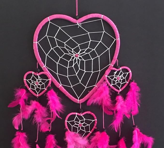 OMA Dream Catcher - Hand Made Feather Dream Catcher Heart Shaped with Crystal Beads - 7" Diameter & 24" Long - Valentine's Day