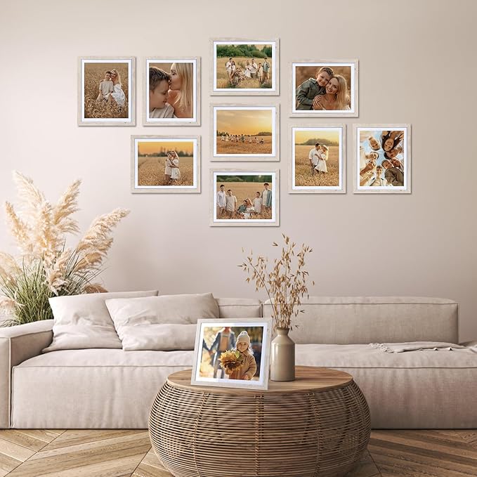 Lyeasw 8x10 Picture Frame Beige Set of 15, Display Pictures 8x10 with Mat or 9x11 without Mat, Multi Photo Frames for Wall or Tabletop