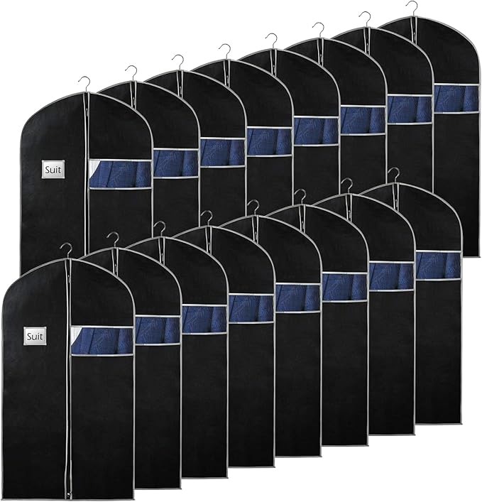 Syeeiex 40"Suit Bag, Set of 16 Garment Bags for Hanging Clothes, Suit Covers Bags for Men or Women, Garment Bags for Storage Suits, Shirts,T-shirts and Jackets on Closet(Black/Grey)