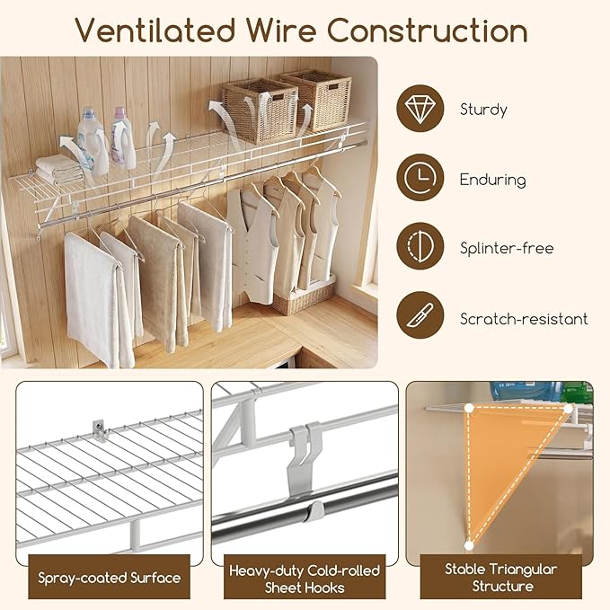 COSTWAY Closet Shelves Wall Mounted, Closet Shelf with Hanging Rod, Ventilated Metal Wire Shelving Kit, Wire Wall Shelf for Laundry Room, Bedroom, Home, Mounting Accessories Included (6 ft x 12 in)