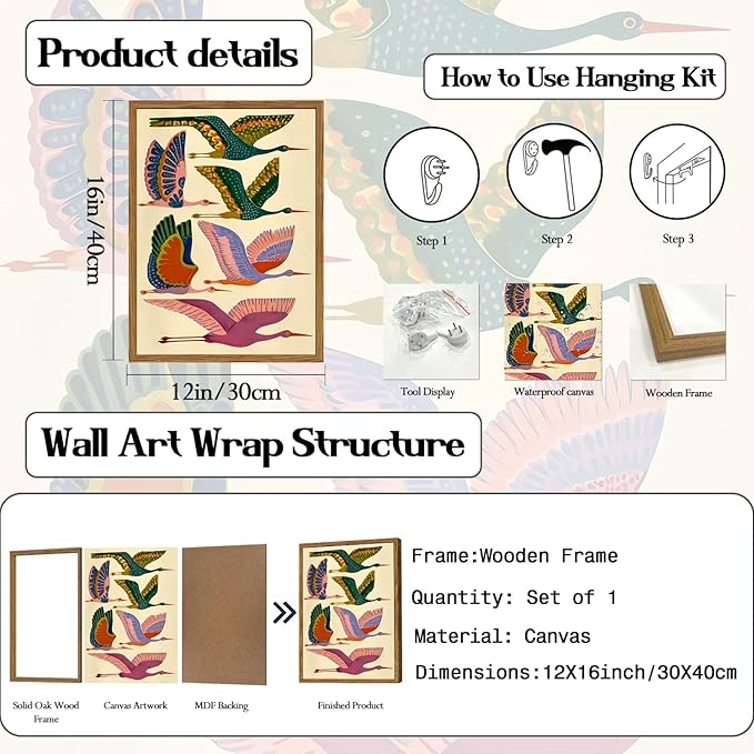 Framed Colorful Bird Wall Art, Vintage Flying Heron Pictures Wall Decor, Mid Century Modern Animal Paintings Canvas Prints Abstract Home Decor Aesthetic Artwork for Living Room Bedroom 16x24 inch