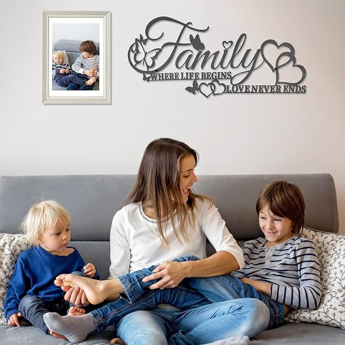 Family Where Life Begins Love Never Ends Word Wall Art Decor, Black Family Metal Wall Sign with Butterflies Heart, Iron Letters Hanging Sculpture for Kitchen Living Room Decoration (A)