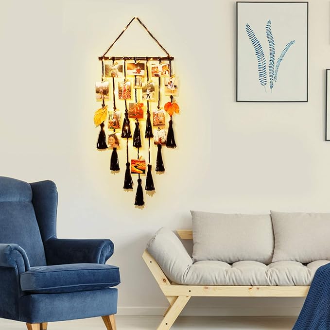 Homecor Hanging Photo Display Wall Decor, Black Macrame Hanging Boho Room Decor, Picture Frame Collage with Remote Light 30 Clips, Bedroom Apartment Home Decor, Christmas Mom Grandma Teen Girl Gifts