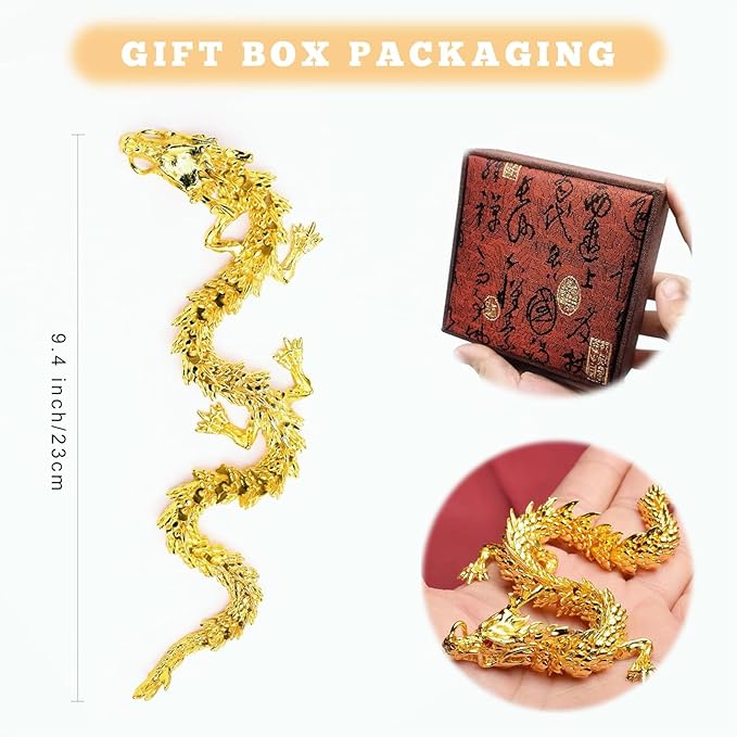 LIYAOLI 3D Golden Dragon Decor, Gold Articulated Dragon Statue Metal Toy for Boys, Chinese Dragon for Desk and Home Office, 9 Inch Luck Dragon