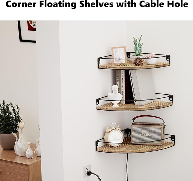 Corner Shelf Wall Mounted, Set of 3 Corner Floating Shelves with Cord Hole and Guardrail for Cable Box, Baby Monitor Pet Cameras, Speaker, Nursery Kitchen Living Room Bathroom, Rustic Brown
