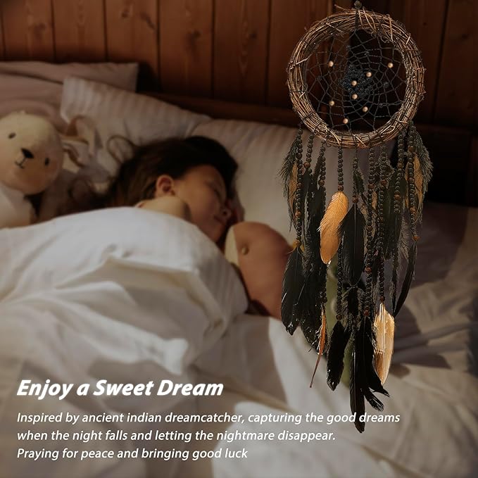 Dream Catcher Native American Boho Dreamcatcher Black Wall Decor, Handmade Rattan Natural Goose Feathers Wall Art Hanging Indian Room Decor for Bedroom Living Room