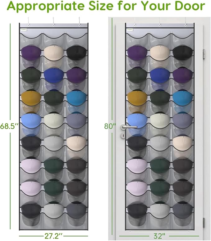 Unjumbly Baseball Hat Rack, 27 Pocket Over-The-Door Hat Organizer with Clear Deep Pockets to Display Baseball Caps Collection, Complete with 3 Over Door Hooks (Grey, 27 Pockets)