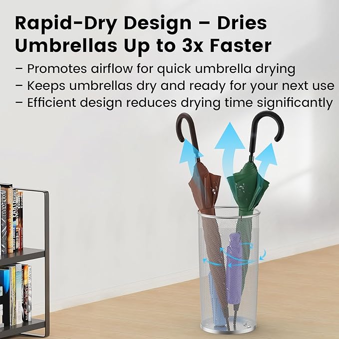 19.5" H Mesh Umbrella Stand - Ventilated Mesh Umbrella Holder for Entryway - Extra Capacity Storage for Umbrellas Canes & More - Freestanding Indoor Organizer 10.4" L x 10.4" W x 19.5" H - 4P Silver