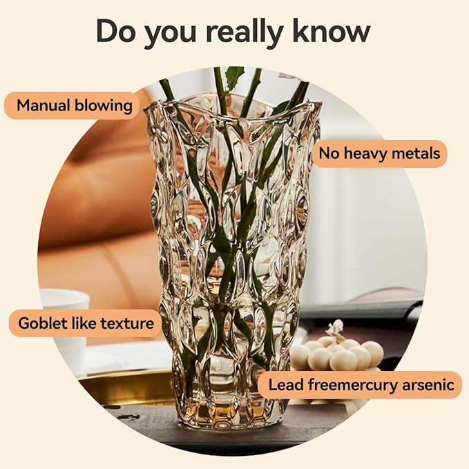 CEMABT 9.5inch 3.4 lb Glass Vases for Flowers Unbreakable Thickened Morden vase for Tables Centerpieces,Colorful,Vintage and Clear Rose Large Flower vases for Bouquet Unique Gifts（Champagne）