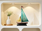 Retro Metal Sailboat Decor, Iron Nautical Sculpture for Home, Vintage Boat Figurine for Living Room Table, Office Desk, Bookshelf, Coastal Style Decoration (Lake Blue & Yellow)