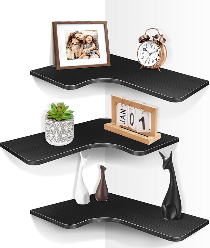 Homode Corner Shelves Wall Mounted, Set of 3 Floating Corner Shelves with Cord Hole, 3 Tier Wooden Hanging Display Shelf for Bathroom Kitchen Living Room, Black