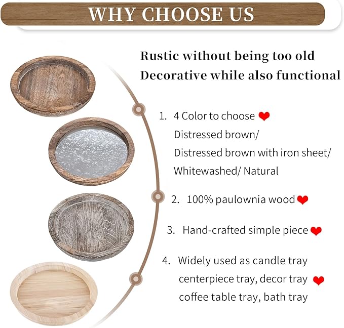 Hanobe Round Wood Decorative Tray: Rustic Wooden Tray for Coffee Table Farmhouse Centerpiece Mirror Candle Holder Vintage Mirrored Bar Plate Ottoman Topper for Home Decor Bathroom Kitchen