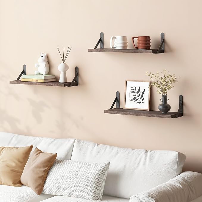 YGEOMER Brown Floating Shelves for Wall, 16.5 Inch Farmhouse Wall Shelves for Bedroom, Bathroom Storage, Living Room and Kitchen Decor (Set of 6 Brown)