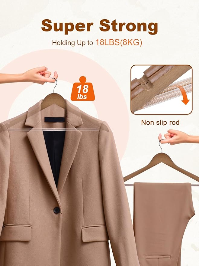 HOUSE DAY Walnut Wooden Hangers 20 Pack, Solid Wood Hanger with Non Slip Pant Bar, Heavy Duty Wooden Coat Hanger for Closet, Smooth Finish Wood Clothes Hangers for Shirts, Suits, Jackets, Dress
