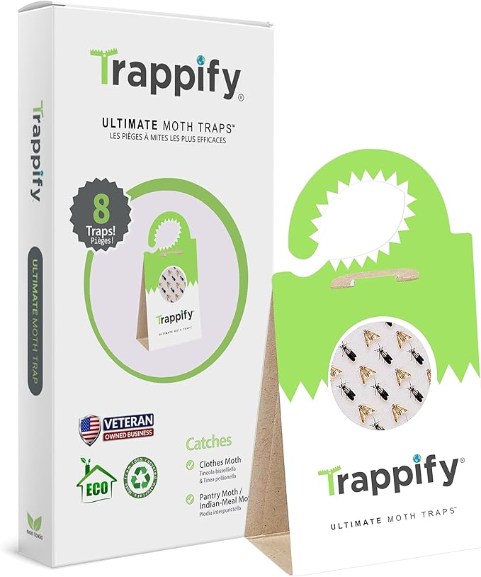 Trappify Ultimate Adhesive Moth Traps for Clothes - Monitoring Pantry Moth Traps for Home, Kitchen, Closet, Cabinet, Storage Rooms, Cupboard |Easy Setup (8 Pack)