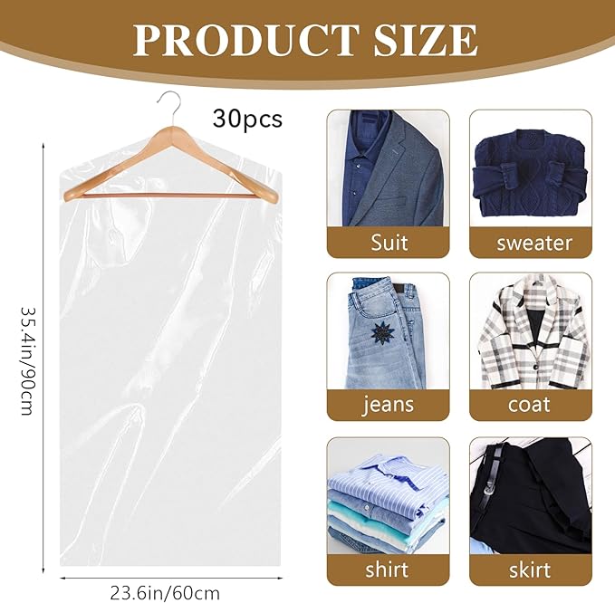 30 Pack Clear Clothes Covers 60x90 cm Plastic Garment Bags for Hanging Clothes Dry Cleaner Bags Hanging Dust-proof Garment Bags for Dry Cleaner, Home Storage, Travel