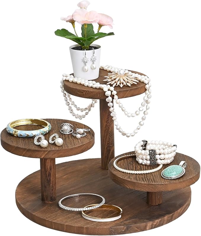 Ikee Design 3-Tier Wooden Display Riser for Jewelry, Wooden Jewelry and Figurine Display Risers, Wood Riser for Decor, Multilevel Stand for Action Figures and Home Decor, Brown Color