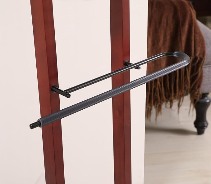 Proman Products Lancaster Suit Valet Stand VL36141 with Tray, Contour Hanger, Trouser Bar, 17" W x 12" D x 42" H, Mahogany