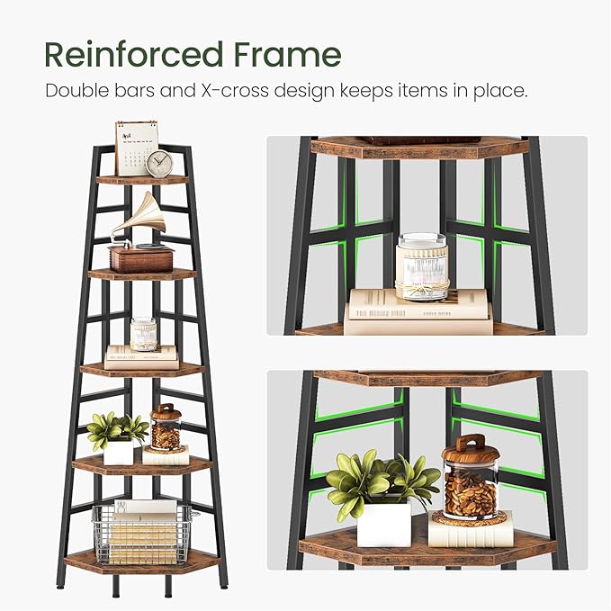 CHOEZON 70.1-Inch 5-Tier Tall Corner Shelf, Narrow Bookshelf for Small Spaces, Industrial Bookcase Display Stand for Living Room, Bedroom, Office, Rustic Brown TCJ25BF