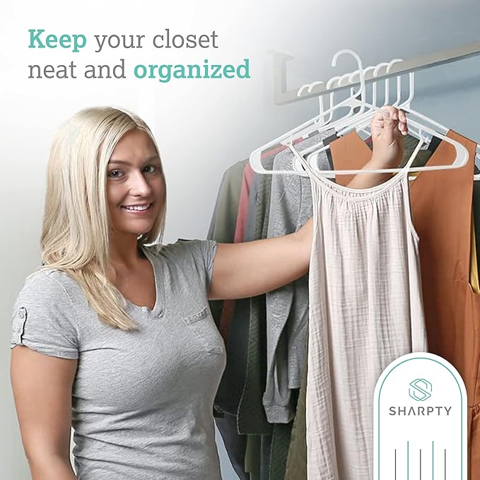 Sharpty Plastic Clothes Hangers - Adult Plastic Hanger - Clothing Hangers - Standard Hangers for Clothes - Space Saving Hangers - Ideal for Shirt, Dresses, Coat Hangers (60-Pack, White)