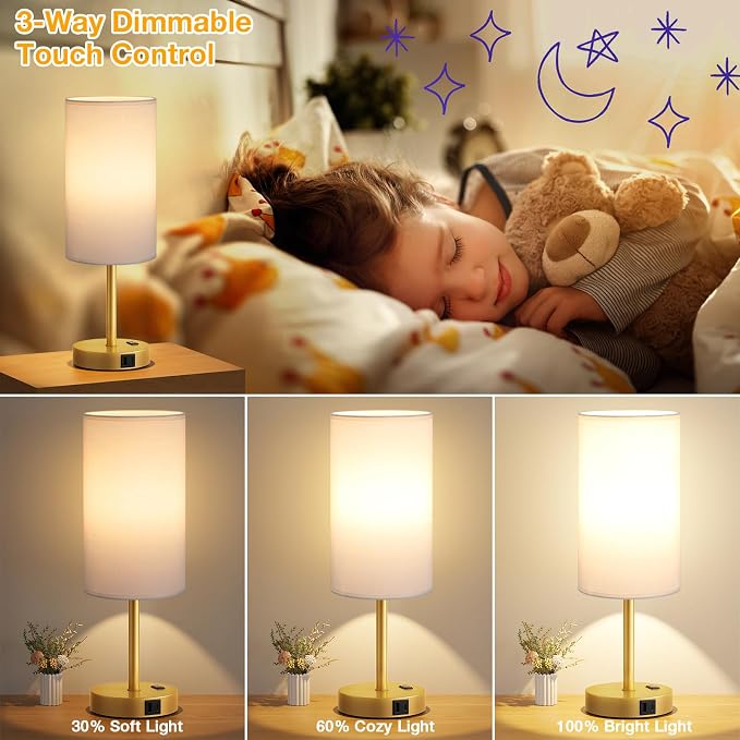 Dicoool Touch Bedside Table Lamp with USB - 3 Way Dimmable Gold Lamp for Bedroom Nightstand, Desk Lamp with Charging Station for Dorm, Office, Kids Room, Living Room