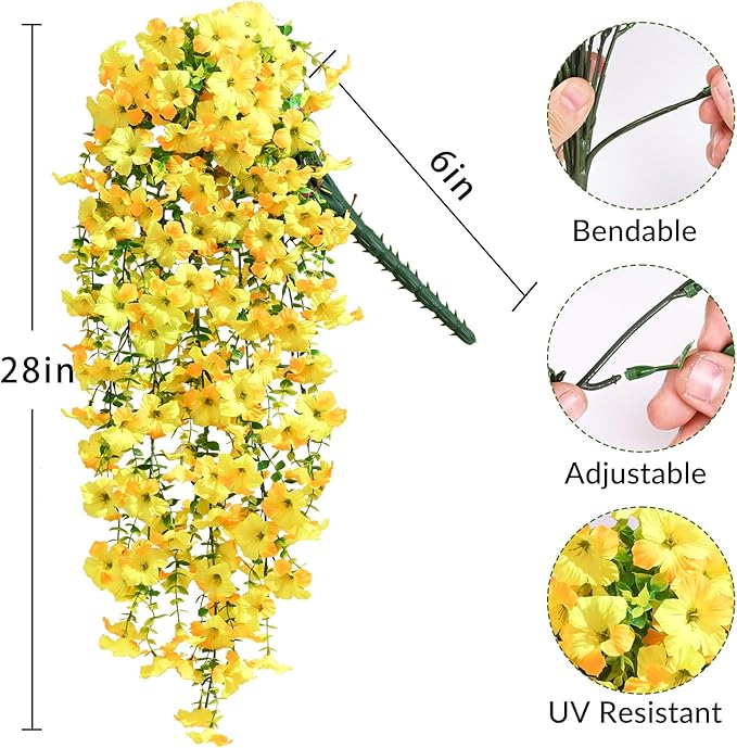 Waipfaru Artificial Petunias Flowers for Outdoors, 4 Pcs UV Resistant Fake Hanging Plants Spring Outside Decor, Faux Silk Flowers Long Trailing Vines for Outdoor Planters Porch Garden (Yellow)