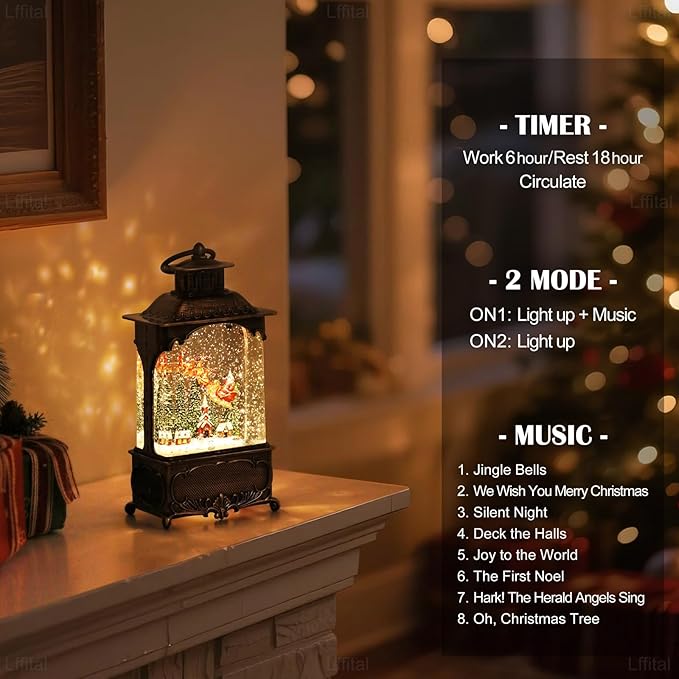 Christmas Snow Globes Village Snow Globe Lantern, Lighted Christmas Decorations Indoor for Home with Music Timer Glitter, Santa Claus Church Scene Festival Gifts, USB & Battery Operated