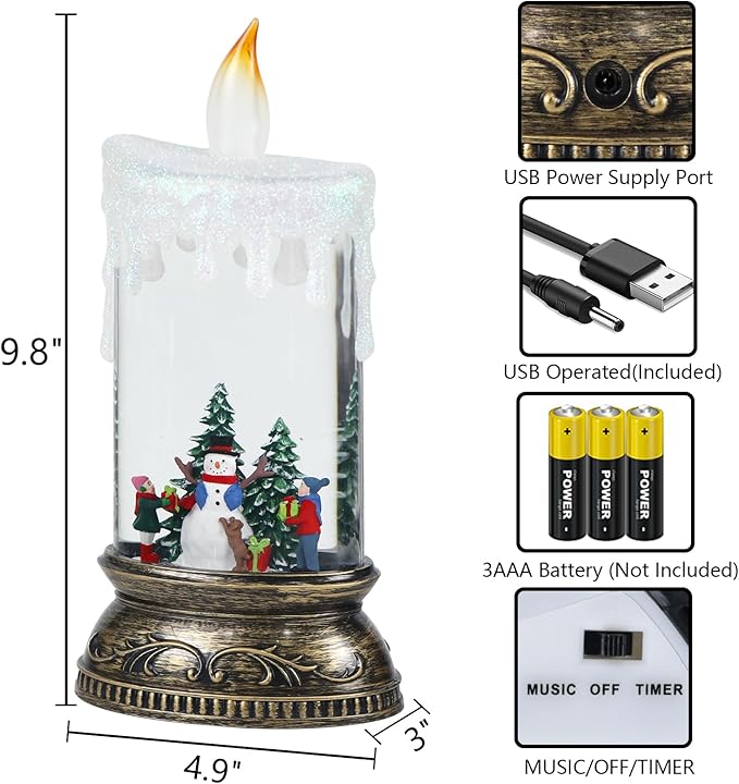 GenSwin Christmas Snow Globe Candle, Swirling Glittering Candle with Timer, Music, Snowman and Kids Scene, Winter Snow Shaped Lantern, USB/Battery Operated Candles for Christmas Decor