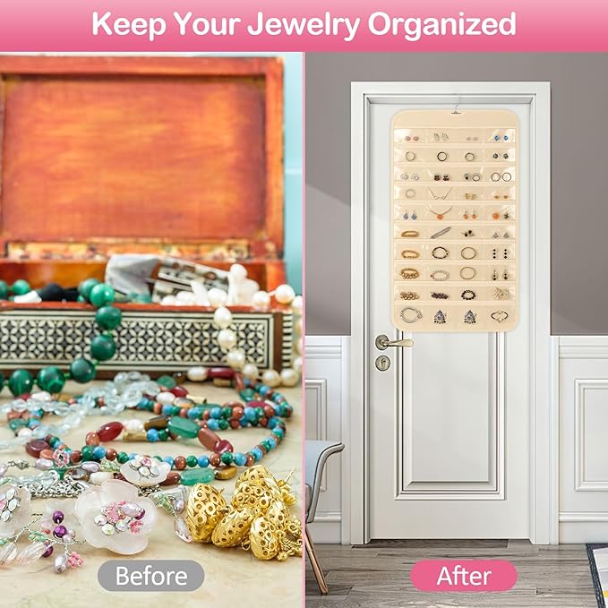 2 Pack Hanging Jewelry Organizer, 80 Clear Pockets earring organizer and storage, Accessories holder organizer for Closet, Jewelries, Necklace, Travel