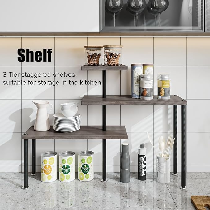 Countertop Organizer Organization 3 Tier Kitchen Corner Shelves Adjustable Spice Storage Rack for Bathroom Coffee Area Over Sink (Dark Gray Oak)