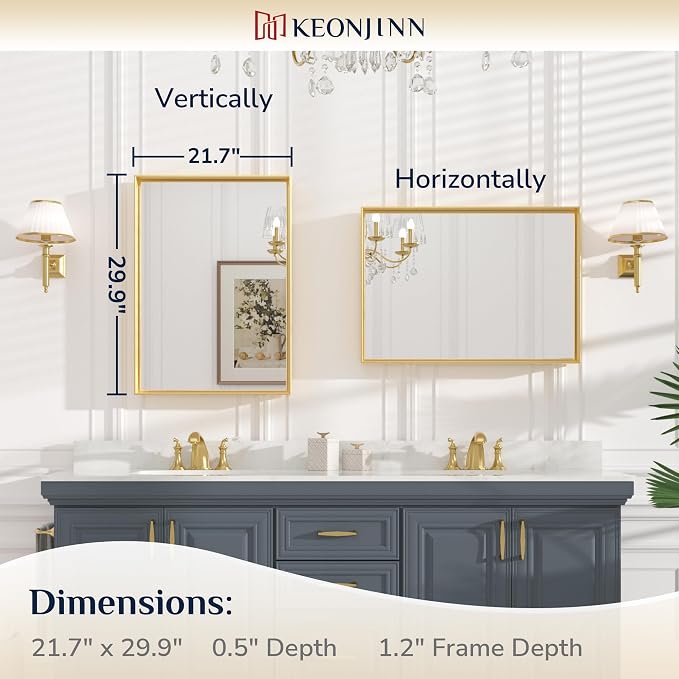 Keonjinn 22 x 30 Inch Gold Bathroom Mirror for Over Sink Brushed Gold Rectangle Wall Mounted Mirror Metal Frame Modern Farmhouse Mirror with Square Corner Framed Mirror(Horizontal/Vertical)