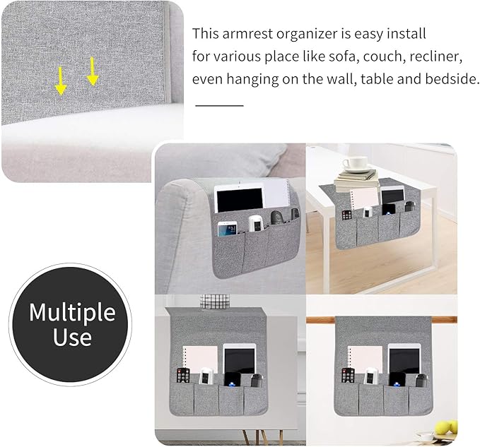 Sofa Armrest Organizer, Remote Control Holder for Recliner Couch, Arm Chair Caddy with 6 Pockets for Magazine, Tablet, Phone, iPad
