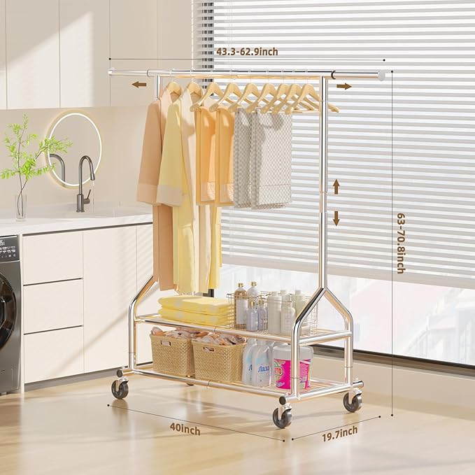 EAGMAK Heavy Duty Clothes Rack Load 556 LBS, Rolling Clothing Rack With Shelves, Height Adjustable Metal Clothes Hanger with Wheels Portable Wardrobe Organizer Garment Rod for Hanging Clothes (Silver)