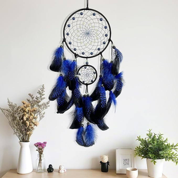 Blue and Black Dream Catcher Wall Decor Feather Dream Catchers with Luminous Bead Handmade Dreamcatcher Wall Hanging Ornament for Bedroom Living Room Home Decor