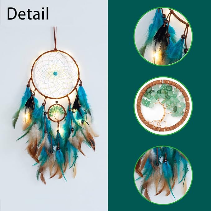Dream Catcher Blue Tree of Life with Feathers, Mobile LED Fairy Lights Handmade Indians Traditional Circular Net for Wall Hanging Decor, Bedroom Kids, Home Decoration Wedding Party Blessing Gift