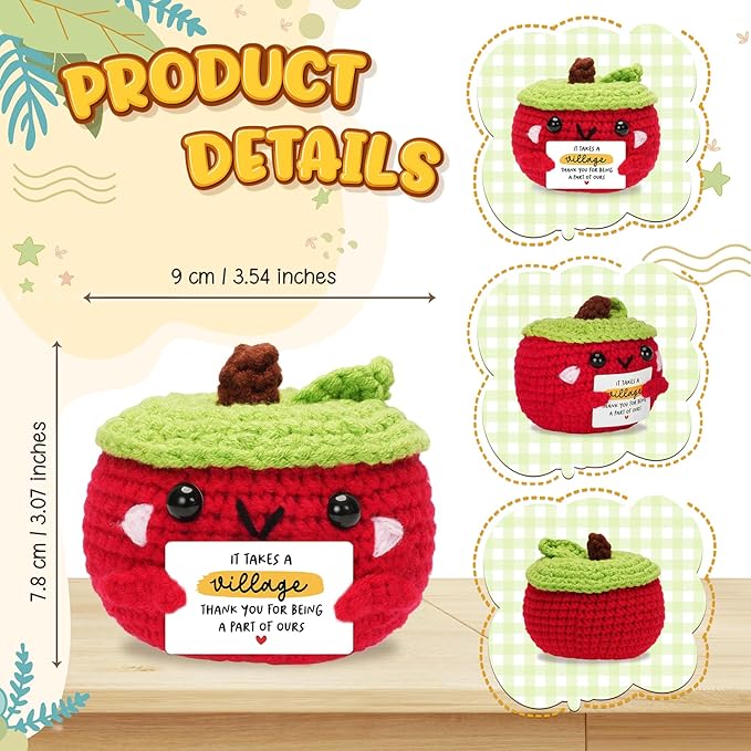 HEXMOZ End of Year Teachers Gifts - Apple Gift for Teachers - Daycare Teacher Appreciation Gifts - It Takes a Village Handmade Collectible Crochet Plush Doll