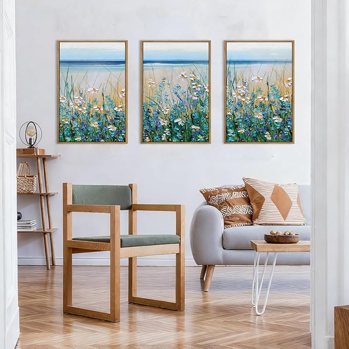 Blue Seaside Cyan Floral Wall Decor Wildflower Canvas Paintings Framed Floral Art Prints Blue Flowers Wall Art Wildflowers Wall Pictures for Living Room Bedroom Bathroom 16x24 Inch Set of 3