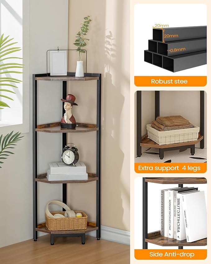 Hzuaneri Corner Shelf Stand, Corner Bookshelf, Storage Standing Shelf Unit with Metal Frame, Plant Stand, Bookcase for Living Room, Home Office, Bedroom, 4-Tier Rustic Brown CS05801B