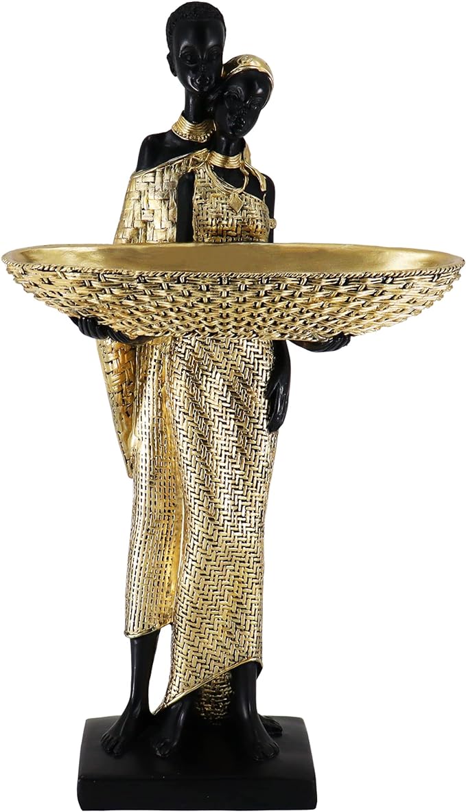 Lescafita Handmade African Couple Sculpture - Gold Tribal Standing Figure with 7.8" Basket, Resin Home Decor for Shelves/Tables, Cultural Gift for Small Items (14.5" H)