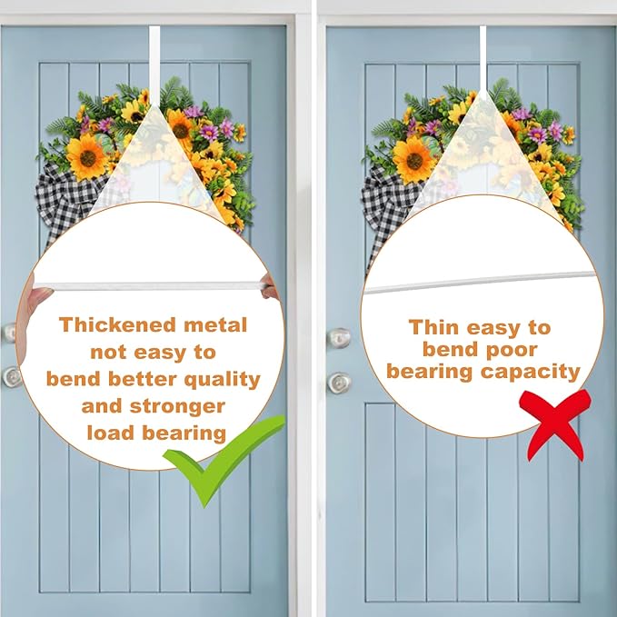 PECULA 2 Pack 14” Wreath Hangers for Front Door, Wreath Door Hanger 40lb Load-Bearing, Metal Wreath Hanger for Welcome Sign, Door Wreath Hanger for Halloween, Easter, Christmas Decorations (White)