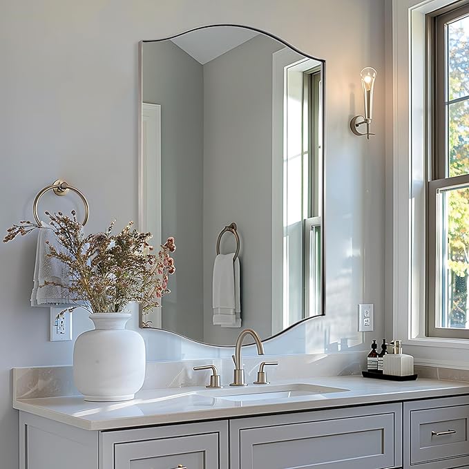 ANDY STAR 30"x48" Scalloped Mirror，Brushed Nickel Rectangle Bathroom Mirror with Curved Edge Stainless Steel Metal Frame, Large Wall-Mounted Mirror for Bathroom, Entryway (Horizontal/Vertical)