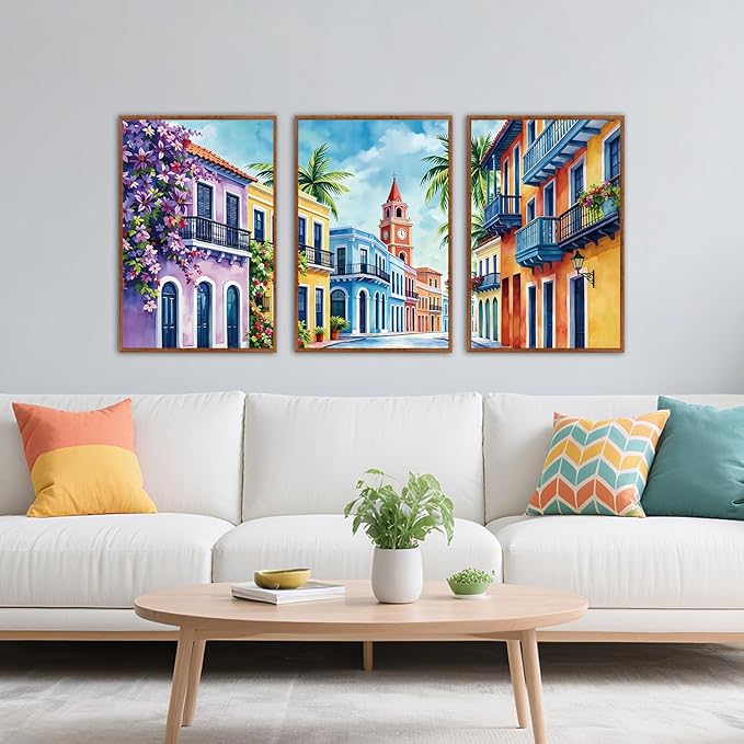 KAlRNE Vintage Cityscape Framed Canvas Wall Art Set of 3(24”X36”),Watercolor Street Scenery Wall Decor,Colorful Tropical Building Painting,Texture Botanical Art Prints For Living Room Bedroom Office