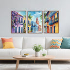 KAlRNE Vintage Cityscape Framed Canvas Wall Art Set of 3(24”X36”),Watercolor Street Scenery Wall Decor,Colorful Tropical Building Painting,Texture Botanical Art Prints For Living Room Bedroom Office