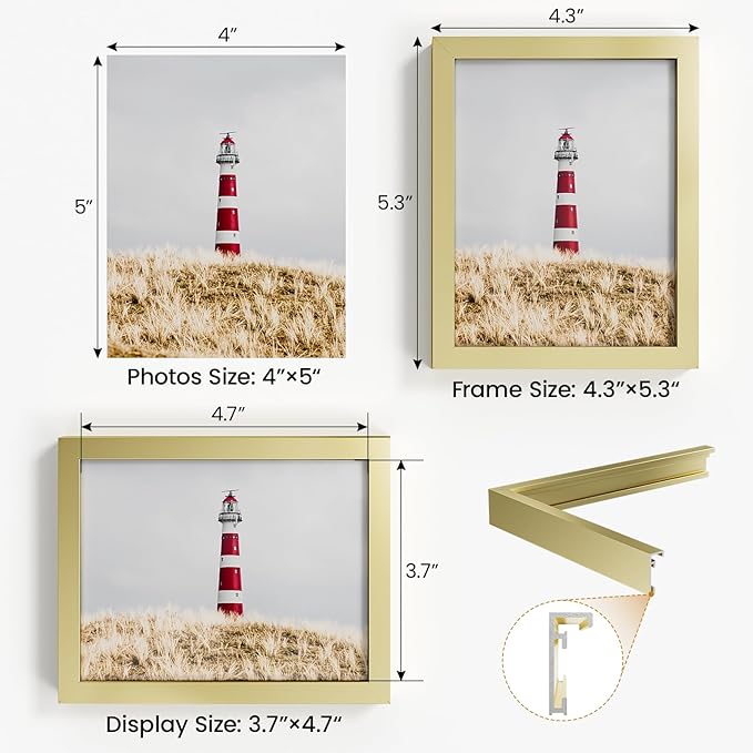 4x5 Aluminum Metal Picture Frame,Tempered Glass Gold Photo Frame 4x5 for Family Photo,Posters,Art,Document to Wall Mount Horizontally or Vertically